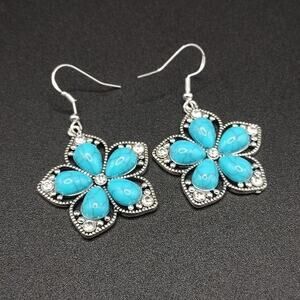 925 Silver Earrings W/ Turquoise Flower CZ Diamonds Spring Summer Woman's Gift